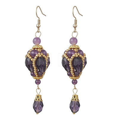 Teardrop Natural Amethyst & Glass Beaded Dangle Earrings EJEW-MZ00686-02-1