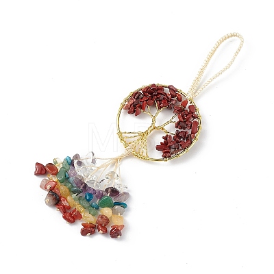 Natural Red Jasper Tree of Life with Mixed Gemstone Chips Tassel Big Pendant Decorations HJEW-H057-03G-A02-1