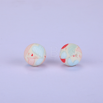 Printed Round with Heart Pattern Silicone Focal Beads SI-JX0056A-195-1