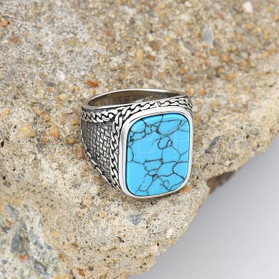 304 Stainless Steel with Synthetic Turquoise Finger Rings FS-WG67565-70-1