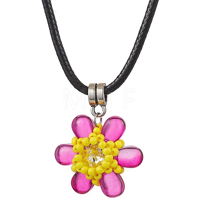 Glass Rhinestone & Glass Seed Beads Beaded Flower Pendant Necklaces NJEW-MZ00078-03-1