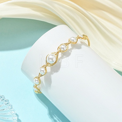 Herringbone Wire-Wrapped Shell Pearl Brass Cuff Bangles BJEW-JB14036-1