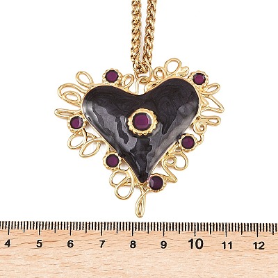 304 Stainless Steel Enamel Heart Pendant Wheat Chain Necklaces NJEW-P430-04B-G-1
