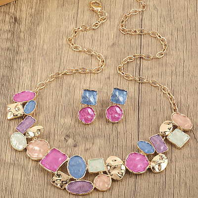 Flat Round & Oval & Square Zinc Alloy Enamel Pendant Necklaces & Stud Earrings Sets WG42338-02-1