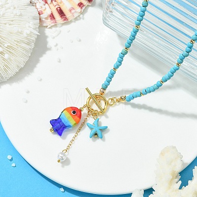 Summer Handmade Lampwork Colorful Fish and Starfish Pendant Dyed Synthetic Turquoise Round Beaded Necklaces with 304 Stainless Steel OT Clasps for Women NJEW-TA00240-1