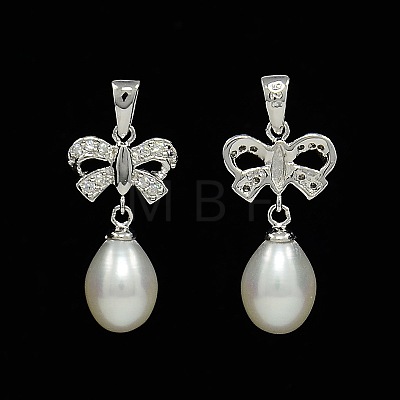 Anti-Tarnish Bowknot and Teardrop Rhodium Plated 925 Sterling Silver Pearl Pendants STER-N011-11-1