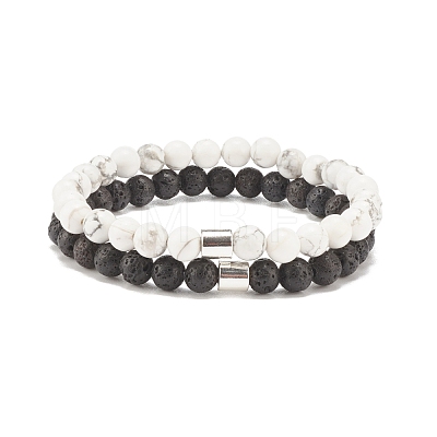 2Pcs Natural Lava Rock & Howlite Round Beaded Stretch Bracelets Set with Synthetic Hematite Column BJEW-JB08060-01-1