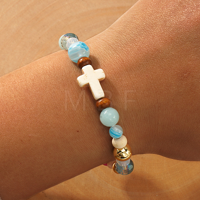 Synthetic Howlite & Glass & Plastic & Zinc Alloy & Brass & Wood Beads Stretch Bracelets for Women JJ5284-1