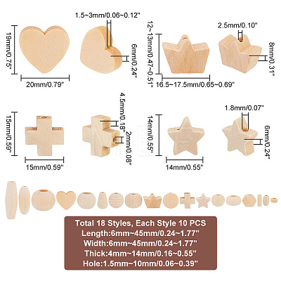 180Pcs 18 Styles Natural Wooden Beads WOOD-PH0002-38-1