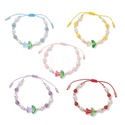 Natural Dyed Yellow Jade & Plastic Imitation Pearl Braided Bead Bracelets for Women BJEW-MZ00308-1