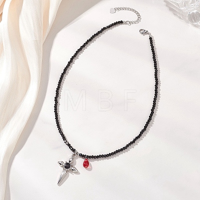 Alloy Enamel Gothic Cross and Red Teardrop Pendant Faceted Rondelle Glass Beaded Necklaces NJEW-JN05827-1