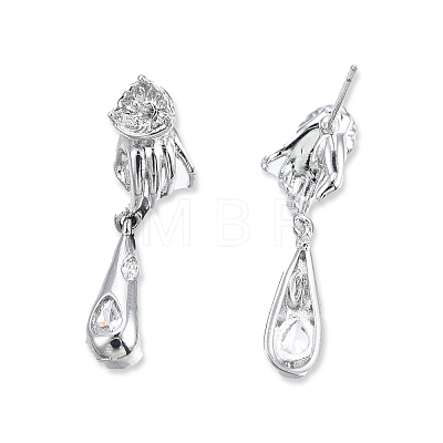 Brass Pave Clear Cubic Zirconia Hand with Teardrop Dangle Stud Earring Findings KK-N232-477P-A-1