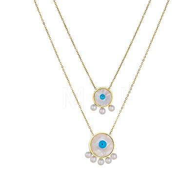 304 Stainless Steel Acrylic Blue Evil Eye Pendant Double Layer Necklaces for Women WG0980E-01-1