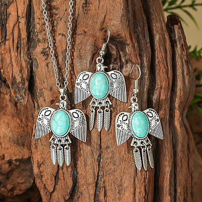 Bohemian Style Zinc Alloy & Synthetic Turquoise Pendant Necklaces & Dangle Earrings Sets WG40DB6-04-1