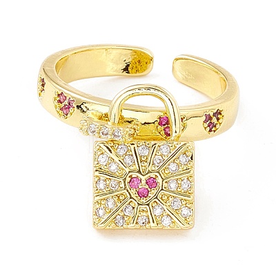 Cubic Zirconia Padlock with Heart Charm Open Cuff Ring RJEW-I083-07G-1