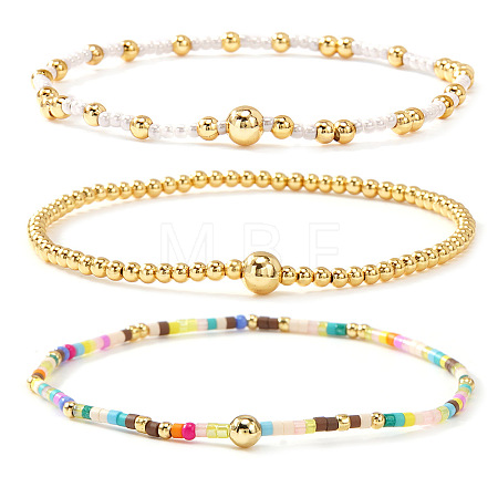 3Pcs 3 Styles Glass Seed Beads & Brass Beads Stretch Bracelets Set for Women VQ8944-4-1