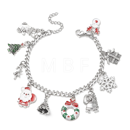 Christmas Tree & Deer & Wreath & Santa Claus Alloy Enamel Charm Bracelet BJEW-TA00252-1
