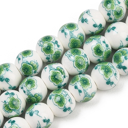 Handmade Flower Printed Porcelain Ceramic Beads Strands PORC-M007-10mm-16-1