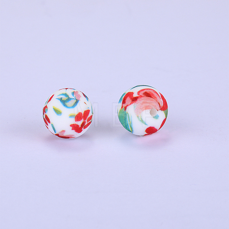 Printed Round with Flower Pattern Silicone Focal Beads SI-JX0056A-162-1