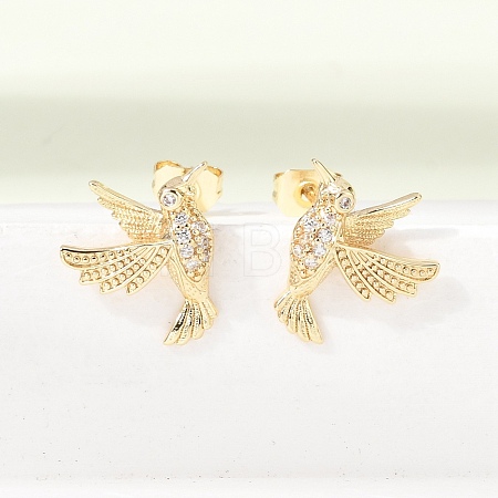Hummingbird Brass Micro Pave Clear Cubic Zirconia Stud Earrings EJEW-L311-02G-1