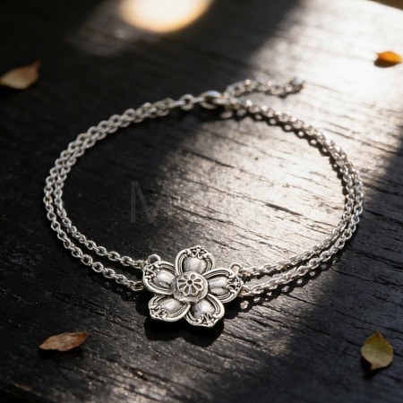 Vintage Alloy 5-Petal Flower Pendant 2-Strand Cable Chain Necklaces for Women WGE0472-01-1