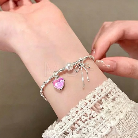 Alloy Acrylic Hot Pink Heart Bowknot Charm Bracelets for Women AL-CBA3C8B-09S-1