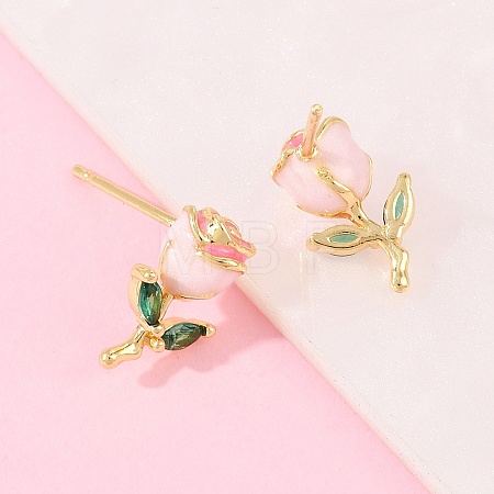 Valentine's Day Flower Brass Micro Pave Clear Cubic Zirconia Stud Earrings EJEW-T051-01G-1