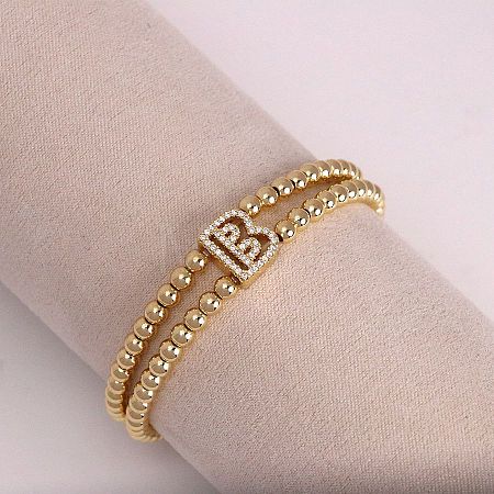 Brass Micro Pave Clear Cubic Zirconia Beads Double Strands Stretch Bracelets for Women FS-WGC7159-02-1