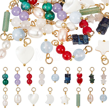 34Pcs 17 Styles Natural Shell & Natural Pearl & Gemstone Pendants PALLOY-BC00008-1