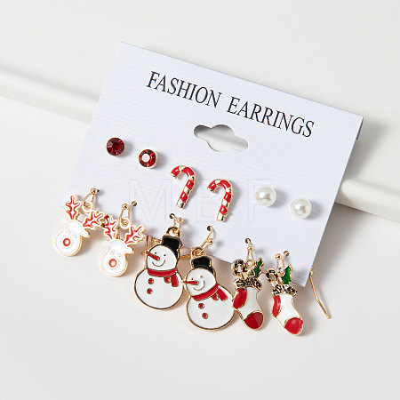 6 Pairs Christmas Zinc Alloy Enamel & Rhinestone & Plastic Pearl Dangle Earring & Stud Earring Sets FS-WGCB662-01-1