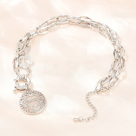 Mother's Day Brass Micro Pave Clear Cubic Zirconia Hollow Flat Round with Heart Mama Pendant Necklaces for Women NJEW-A071-05P-1