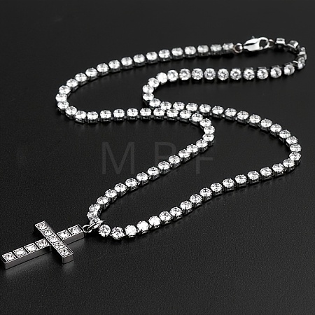 Stainless Steel Full Rhinestone Cross Pendant 4mm Tennis Chain Necklaces KD8251-3-1