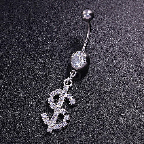 Brass Crystal Rhinestone Dollar Sign Dangle Belly Rings WG58494-02-1