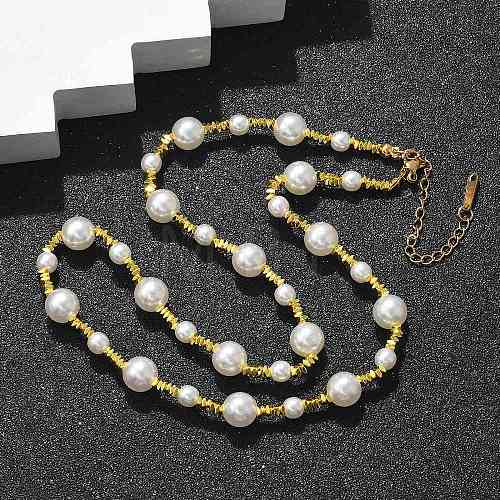 304 Stainless Steel & ABS Plastic Imitation Pearl Round Beded Necklaces for Women NJEW-S442-11G-1