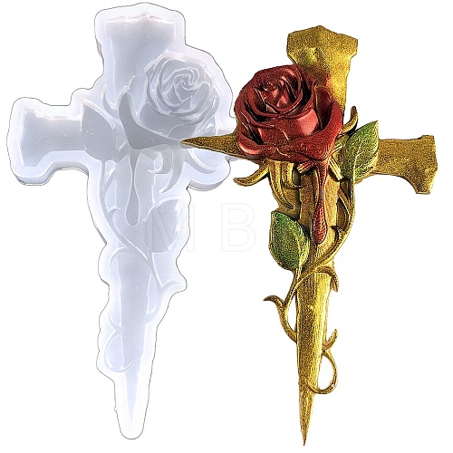 Religion Cross with Rose Display Decoration Silicone Molds DIY-L071-11-1
