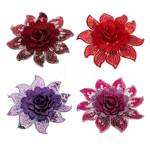  4Pcs 4 Colors 3D Flower Pattern Polyester Fabrics Computerized Embroidery Cloth Sew on Appliques PATC-NB0001-15B-1