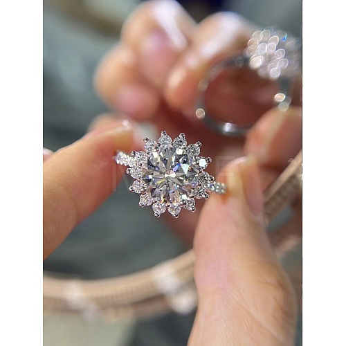 Rhodium Plated 925 Sterling Silver Flower Micro Pave Moissanite Adjustable Rings for Women WG9AA84-04-1