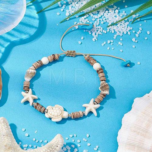 Ocean Theme Starfish Turtle Synthetic Turquoise & Coconut Braided Bead Bracelet Sets BJEW-JB11460-02-1