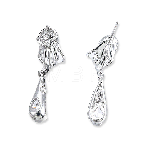 Brass Pave Clear Cubic Zirconia Hand with Teardrop Dangle Stud Earring Findings KK-N232-477P-A-1