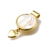 Brass Pave Natural White Shell Flat Round with Heart Pendants KK-C090-37G-3