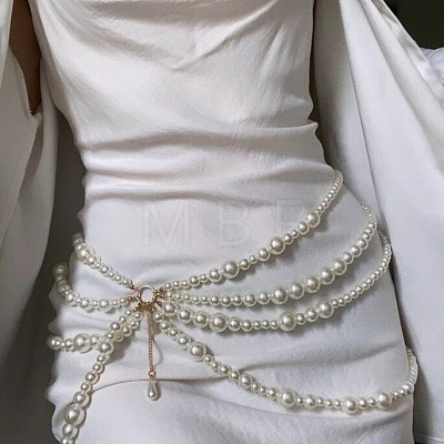 Alloy & Round Plastic Imitation Pearl Multi Layered Tassel Waist Chains for Beach Party WGD927B-01-1