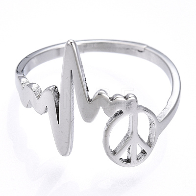 304 Stainless Steel Heart Bit with Peace Sign Adjustable Ring RJEW-T027-04P-1