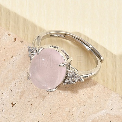Brass Micro Pave Cubic Zirconia with Natural Rose Quartz Cuff Open Rings RJEW-T035-01P-L-1