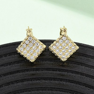 Brass Micro Pave Cubic Zirconia Rhombus Hoop Earrings EJEW-B153-09G-1