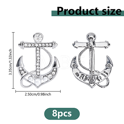 8Pcs Anchor Alloy Rhinestone Lapel Pins for Backpack Clothes JEWB-DC0006-46B-1