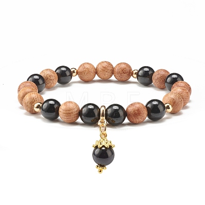 Natural Tourmaline & Wood Round Beads Stretch Bracelets Set BJEW-JB07165-03-1