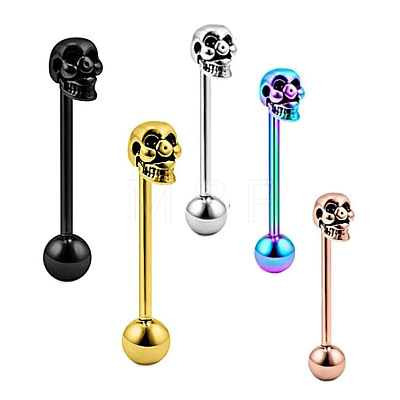 Skull 304 Stainless Steel Straight Barbell 15 Gauge Piercing Tongue Rings for Women Men FS-WG07D05-05-1