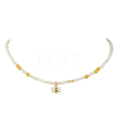 Alloy Enamel Bee Pendant Natural Citrine & Dyed Yellow Agate Faceted Round Beaded Necklaces NJEW-JN05735-1