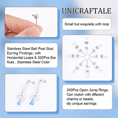 Unicraftale 200Pcs 304 Stainless Steel Ball Post Stud Earring Findings DIY-UN0004-37-1