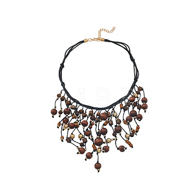 Bohemian Style Round Wood & CCB Beads Tassel Bib Necklaces WGF170D-01-1